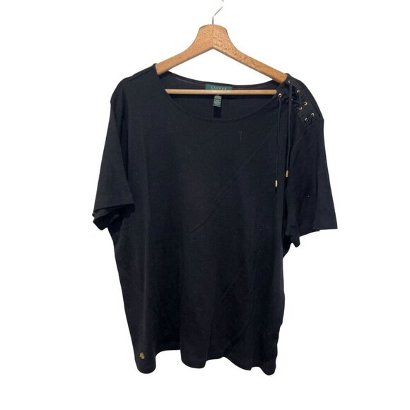 Lauren Ralph Lauren Womens Black Cotton Top With Shoulder Lace-Up Detailing  2X - Picture 1 of 8